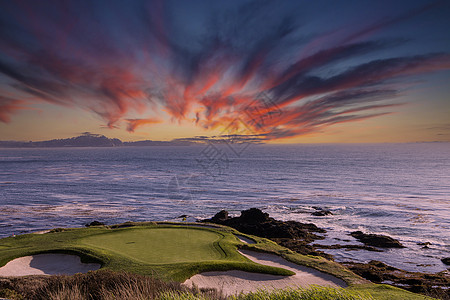 高尔夫球场 美国加利福尼亚州蒙特里链接高尔夫球绿色球道海岸线图片