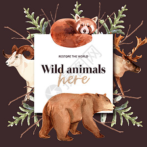 冬季动物花圈设计 用熊 山羊 狐狸水彩画图片