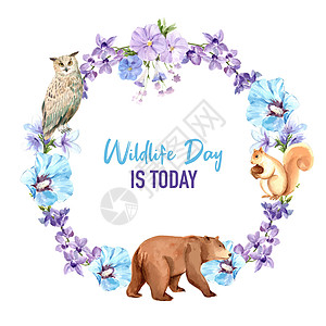 冬季动物花圈设计 用猫头鹰 松鼠 熊水彩画图片