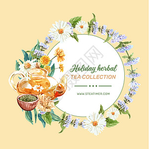 草药茶花圈设计 配有花朵 茶壶 香水彩色插图图片