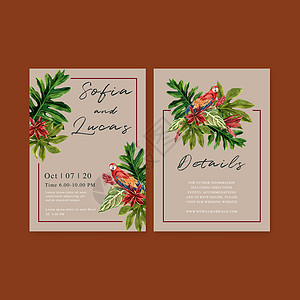邀请水彩色设计与热带主题 鹦鹉配树叶插图 花环图片
