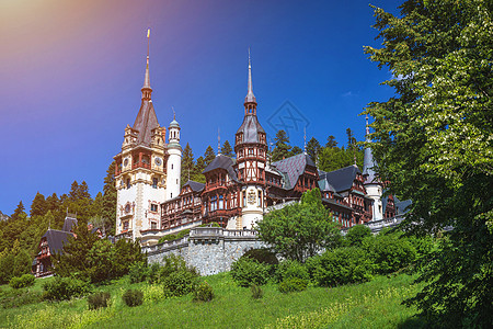 罗马尼亚佩莱斯城堡 欧洲喀尔巴阡山脉西纳亚地标点的著名皇家城堡和装饰花园 非常美丽观光住宅吸引力据点遗产山脉纪念碑森林文化建筑图片