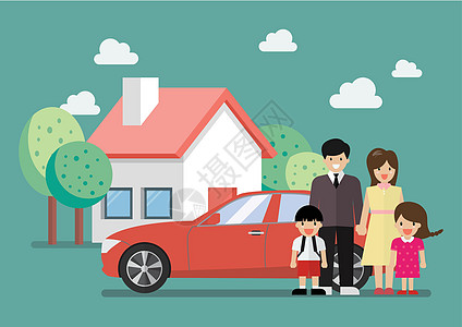 幸福的家庭站在汽车和房屋的对面图片