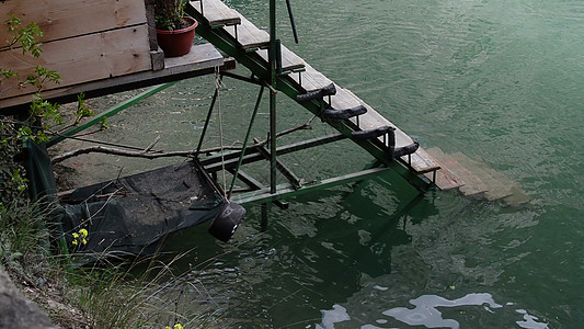 3d 插图     通往湖水的阶梯岩石脚步波纹叶子木头反射小路流动蓝色环境图片