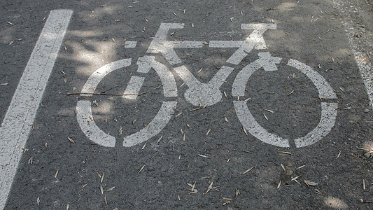 3d 插图标记的自行车道 自行车街车道上的自行车标志警告白色旅行车轮运动街道生态安全速度符号图片