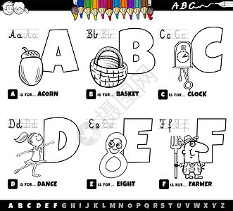 教育卡通字母设置从 A 到 F 彩色书页首都语言舞蹈农民彩书拼写幼儿园篮子学校工作图片