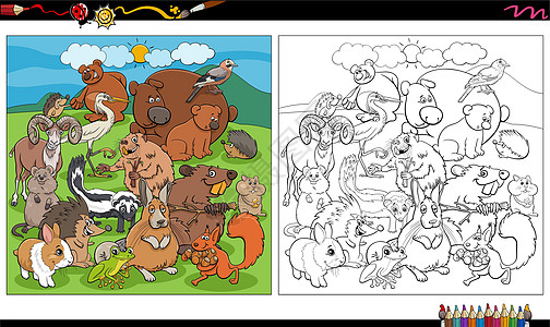 卡通动物人物组着色书 pag蜡笔卡通片袋鼠工作簿短尾画笔鸟类工作仓鼠教育图片