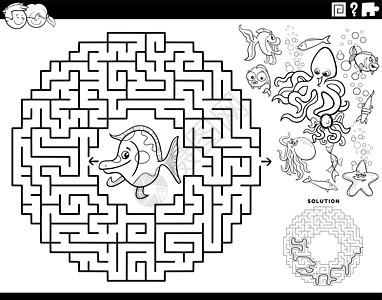 迷宫游戏与卡通鱼和海洋动物着色书 pag图片