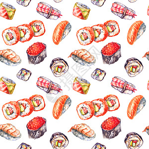 寿司和卷的彩色铅笔插图收藏海苔墙纸食物手绘国家卡通片鱼片草图绘画背景图片