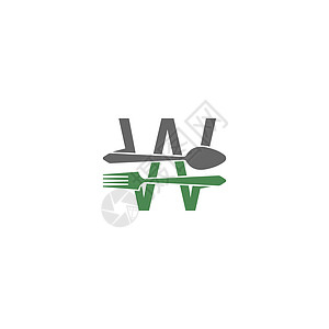 带叉子和勺子标志图标设计 vecto 的字母 W生态咖啡店餐厅菜单刀具用具数字银器品牌午餐图片