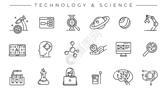 技术和科学概念线条风格矢量图标集机器人图表齿轮信息电脑滴管女孩化学材料物理图片