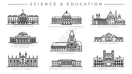 科学和教育概念线条风格矢量图标集联邦建筑本科信息工程国王人文技术研究所学科图片