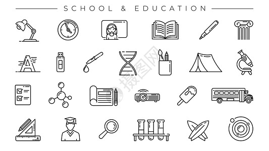 学校与教育概念线条风格矢量图标集女孩显微镜生物学物理公共汽车图表架子冲浪统治者文学图片