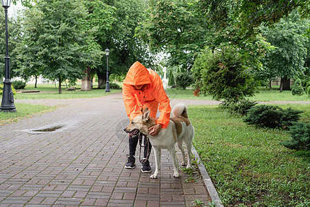 穿着橙色雨衣的年轻女子与她的狗在公园里散步街道宠物猎犬友谊成人动物朋友女性天气犬类图片