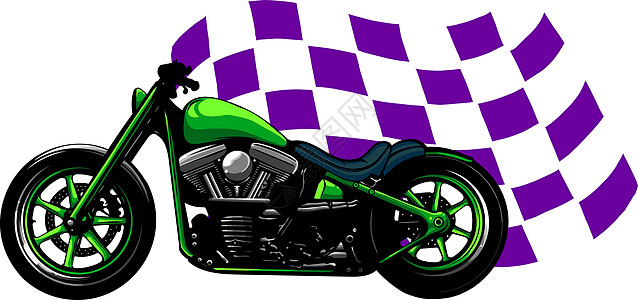老式黑色 Bobber 自行车 带赛车灯旗帜框架运输菜刀赛车手摩托车引擎发动机街道打印图片