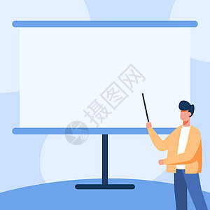 夹克绘图中的老师站在显示消息的空白白板上指着棍子 教授设计指向显示新课程和讲座的董事会绘画教育蓝色研讨会经理墙纸学习学生商务电脑图片