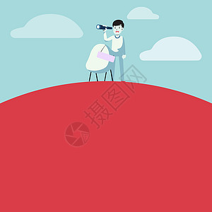 拿着双筒望远镜插图的人站在椅子旁边 上面有寻找新机会的标志年轻人手持望远镜探索替代方式营销男性人士团队卡通片套装想像力动机战略创图片