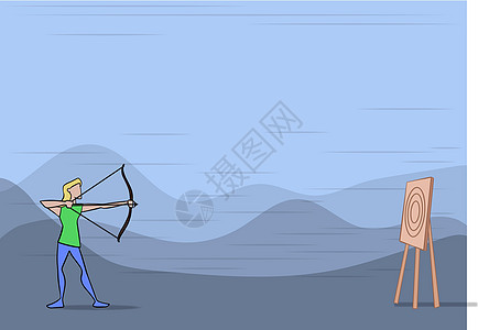 弓箭手夫人插图拿着弓瞄准目标与山脉背景 射箭运动员向马克射箭户外场景日落成功蓝色卡通片计算机竞赛商务危险成人极限图片