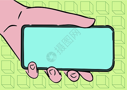 拿着手机的成人手图显示新技术在屏幕上人手掌携带手机呈现显示器与最新的技术发展涂鸦框架收藏小册子数据创造力卡通片互联网推介会标签图片