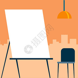 空白绘画画布绘图与城市景观背景和空椅子 空肖像艺术品设计与背后的摩天大楼展示座位艺术主题推介会卡通片桌子图形创造力人士木头办公室图片