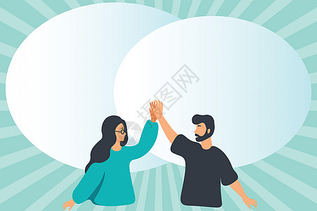 快乐的同事插图与讲话泡泡给彼此击掌 S 显示成功 与相互理解的对话气球的队友团队家庭海报计算机友谊人士夫妻两个人宗教乐趣图片