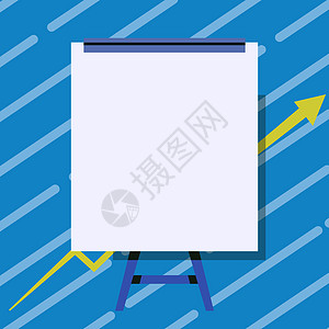 带有向上箭头的白板绘图呈现生长图 空板设计与三脚架和业务图表显示改进的增长和良好的性能老师卡通片蓝色商业课堂画架计算机桌子科学办图片