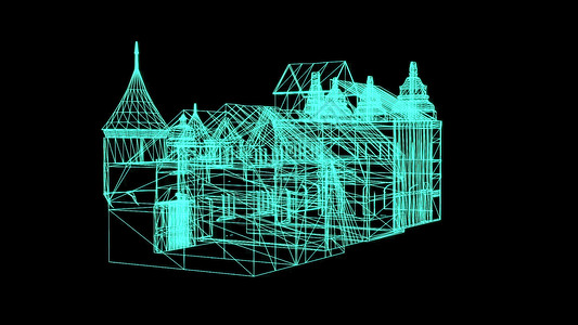 3d 插图  黑色背景中世纪房屋的线框模型  3D 渲染建筑学数据房子蓝色草图工程网格建筑蓝图财产背景图片