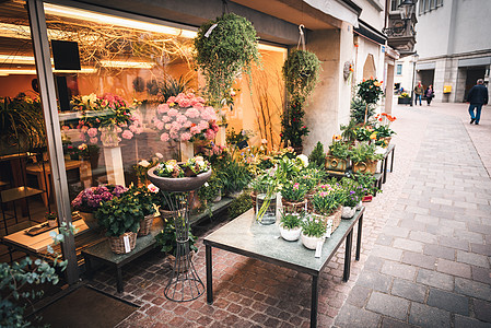 美丽的花束和装饰植物花店出售和装饰服务 瑞士沙夫豪森市老城区的家庭园艺商业花艺设计和植物商店图片