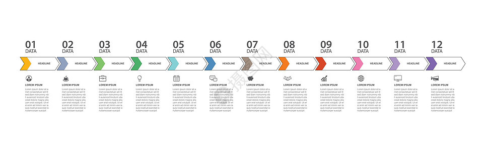 12 数据图表选项卡细线索引模板 矢量图抽象背景 可用于工作流布局业务步骤横幅网页设计图片