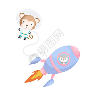 可爱的小负鼠在蓝色火箭中飞行 卡通猴子穿着太空服 背景是白色的火箭 婴儿淋浴邀请卡墙装饰设计 它制作图案矢量图片
