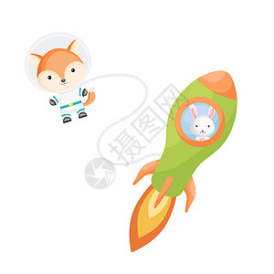 可爱的小兔子在绿色火箭中飞翔 穿着太空服的卡通狐狸角色 背景是白色的火箭 婴儿淋浴邀请卡墙装饰设计 它制作图案矢量图片