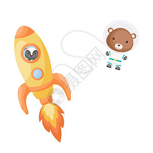 可爱的小臭鼬在黄色火箭中飞行 卡通熊字符在太空服装与火箭在白色背景 婴儿淋浴邀请卡墙装饰设计 它制作图案矢量图片