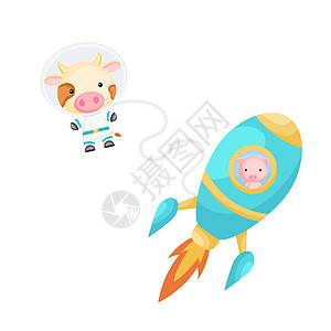 可爱的小猪在水火箭中飞行 卡通牛角色在太空服装与火箭在白色背景 婴儿淋浴邀请卡墙装饰设计 它制作图案矢量图片