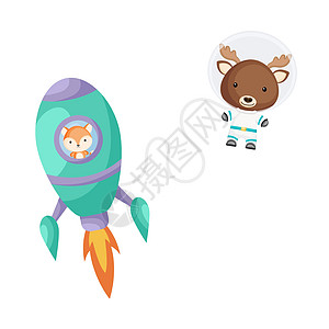 可爱的小狐狸在绿松石火箭中飞翔 卡通驼鹿角色在太空服装与火箭在白色背景 婴儿淋浴邀请卡墙装饰设计 它制作图案矢量图片