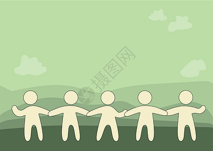 五个站着的人手牵着手 表现出团队的支持与和谐 同事触摸手设计显示团队合作卡通片商业友谊环境图形商务计算机女性孩子幸福图片