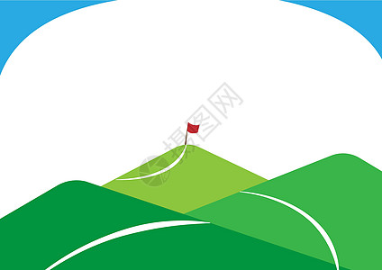 山脉绘图与通往升起的旗帜在顶部的道路 不同的山丘 路径通往尽头举起的旗杆草地成功高尔夫球运动农场土地植物季节计算机蓝色图片