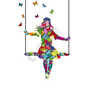 抽象色彩缤纷的年轻女子剪影 她在摇摆 蝴蝶在他身边飞舞图片