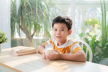早上在家吃早餐和喝牛奶的亚洲男孩 可爱而快乐看着摄像机 笑声掌声玻璃食物饮食桌子奶制品牛奶童年男生乳糖孩子图片