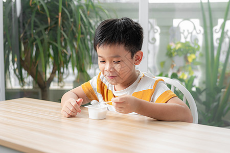 甜美的男孩吃酸奶早餐奶制品食物饮食牛奶童年甜点勺子男生孩子营养图片