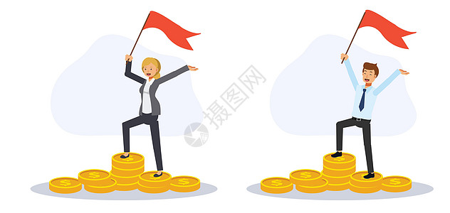 成功的商务人士和女商务人士站在硬币堆上 有旗帜的商务人士站在现金金币上 平面矢量卡通人物插画图片