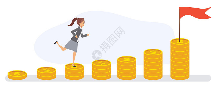 女商务人士跑上成堆的硬币 财务成功概念迈向 平面矢量卡通人物图片