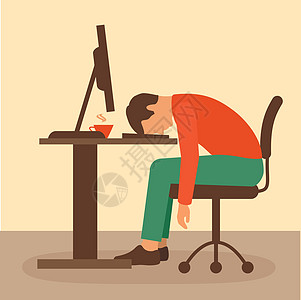 工作疲累者工人压力男性人士桌子员工卡通片笔记本电脑插图图片