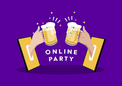 线上派对 两只手拿着手机里的啤酒 通过视频通话与朋友在家庆祝 社会疏远概念图片