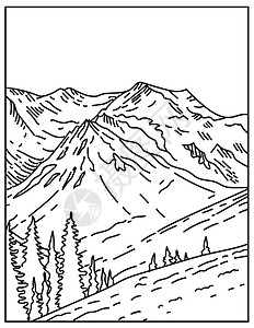 位于华盛顿州美国单线或单线黑白线艺术的奥林匹克国家公园冰川覆盖的奥林匹斯山山顶图片