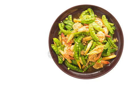 盘里有虾或虾的炒蔬菜沙拉烹饪炒锅菜花绿色健康油炸饮食海鲜美食图片