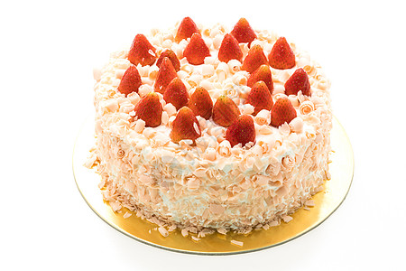 上面有草莓的香草蛋糕甜点白色绿色红色奶油食物叶子圆形水果美食宏观图片