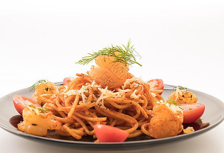 带虾的意大利面条盘子午餐食物红色海鲜图片