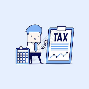 站在剪贴板和计算器上的税务文件的商务人士 纳税概念 卡通人物细线风格矢量图片