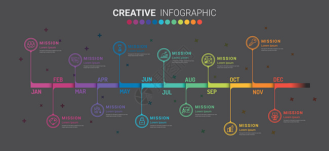 年 12 个月的时间线信息图表所有月份计划者设计和演示业务可用于具有 12 个选项的业务概念项目时间数字生长小册子年度推介会报告图片