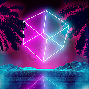 复古背景景观上的霓虹灯 3d 立方体 发光的立方体宇宙海报 霓虹灯箱立方体灯 未来紫色80年代科幻海报安装游戏正方形激光棕榈俱乐图片